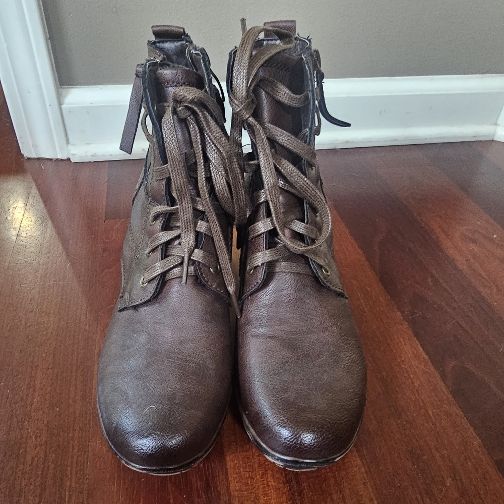 Brown Leather Boots Lace Up Zippered Size 39